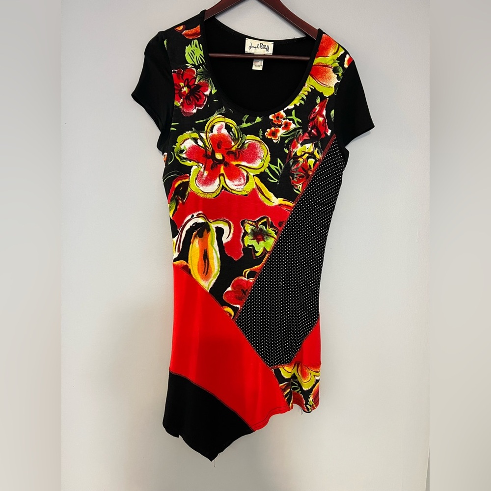 Joseph Ribkoff Asymmetrical Floral Black and Red Women's Tunic Size 10